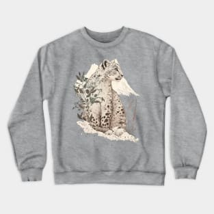 Snow Leopard in the Mountains Vintage Style Illustration Crewneck Sweatshirt